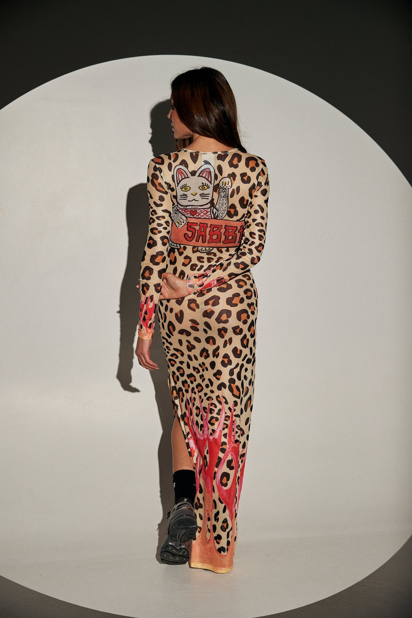 Sabbi - The Pantera Mesh Long Sleeve Maxi Dress - Leopardi Flames