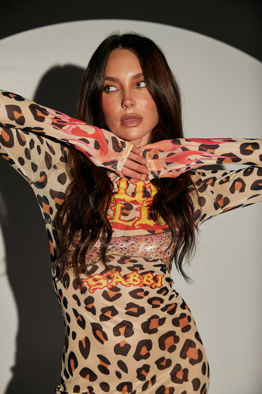 Sabbi - The Pantera Mesh Long Sleeve Maxi Dress - Leopardi Flames