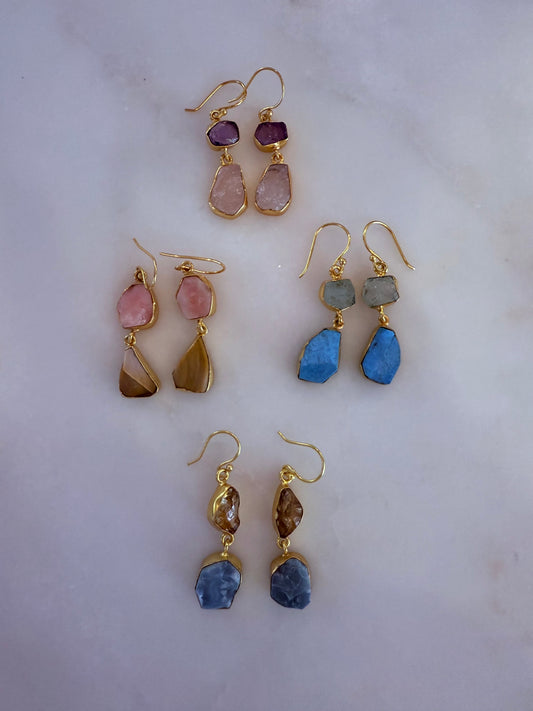 Gold Double Stone Earrings - Various Stones