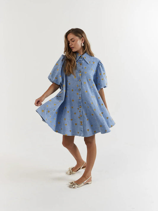 La Boheme Girls - Peyton Mini Dress - Denim Hearts