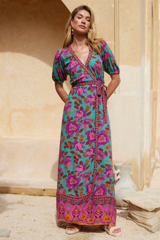 Nine Lives Bazaar - Dawn Wrap Maxi Dress - Teal Bouquet