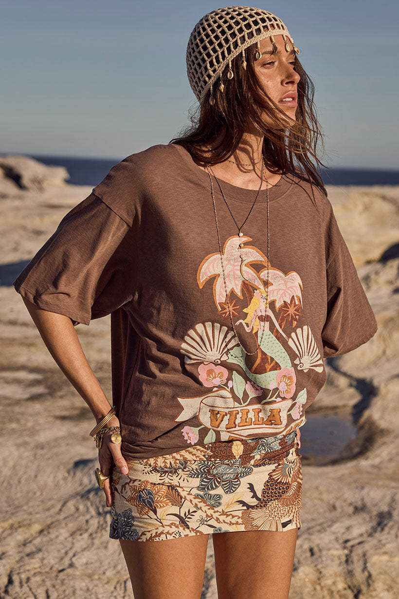 Spell - Villa Tropic Oversized Biker Tee - Coffee