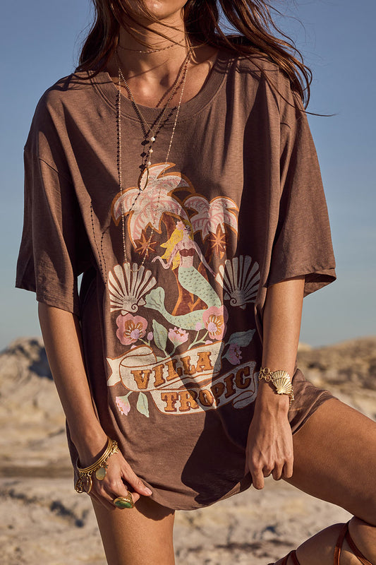 Spell - Villa Tropic Oversized Biker Tee - Coffee