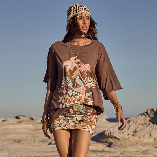 Spell - Villa Tropic Oversized Biker Tee - Coffee