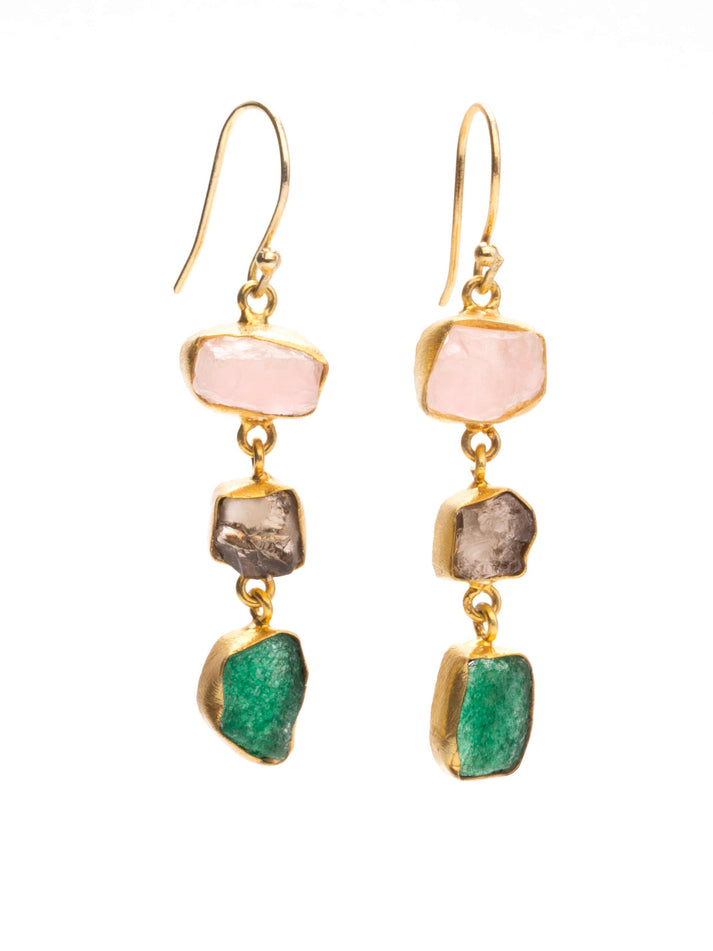 Gold Three Stone Earrings - Various Stones