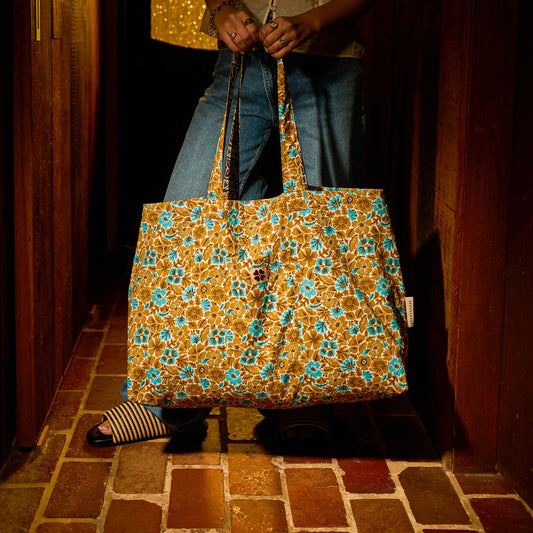 Sage X Clare - Magnolia Reversible Cotton Tote Bag - Turquoise