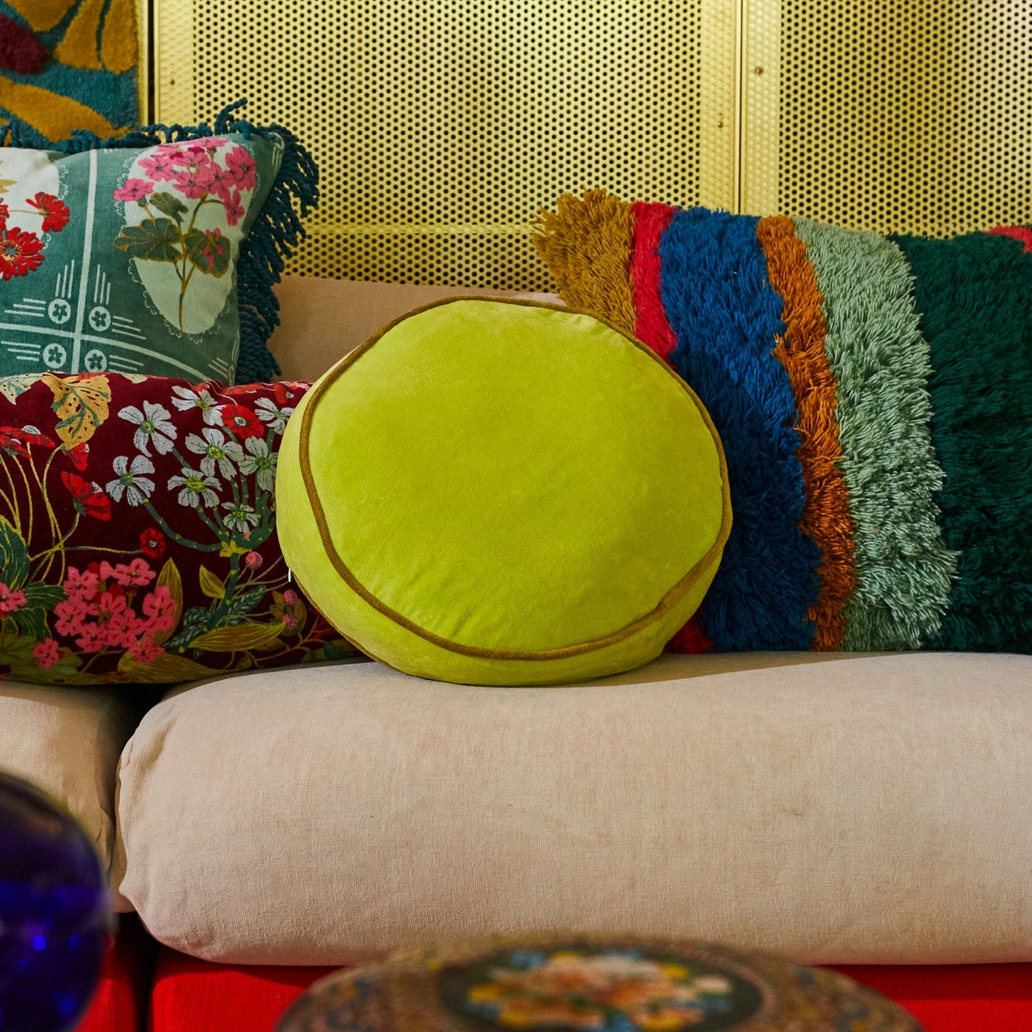 Sage X Clare - Castilo Round Velvet Cushion - Chartreuse