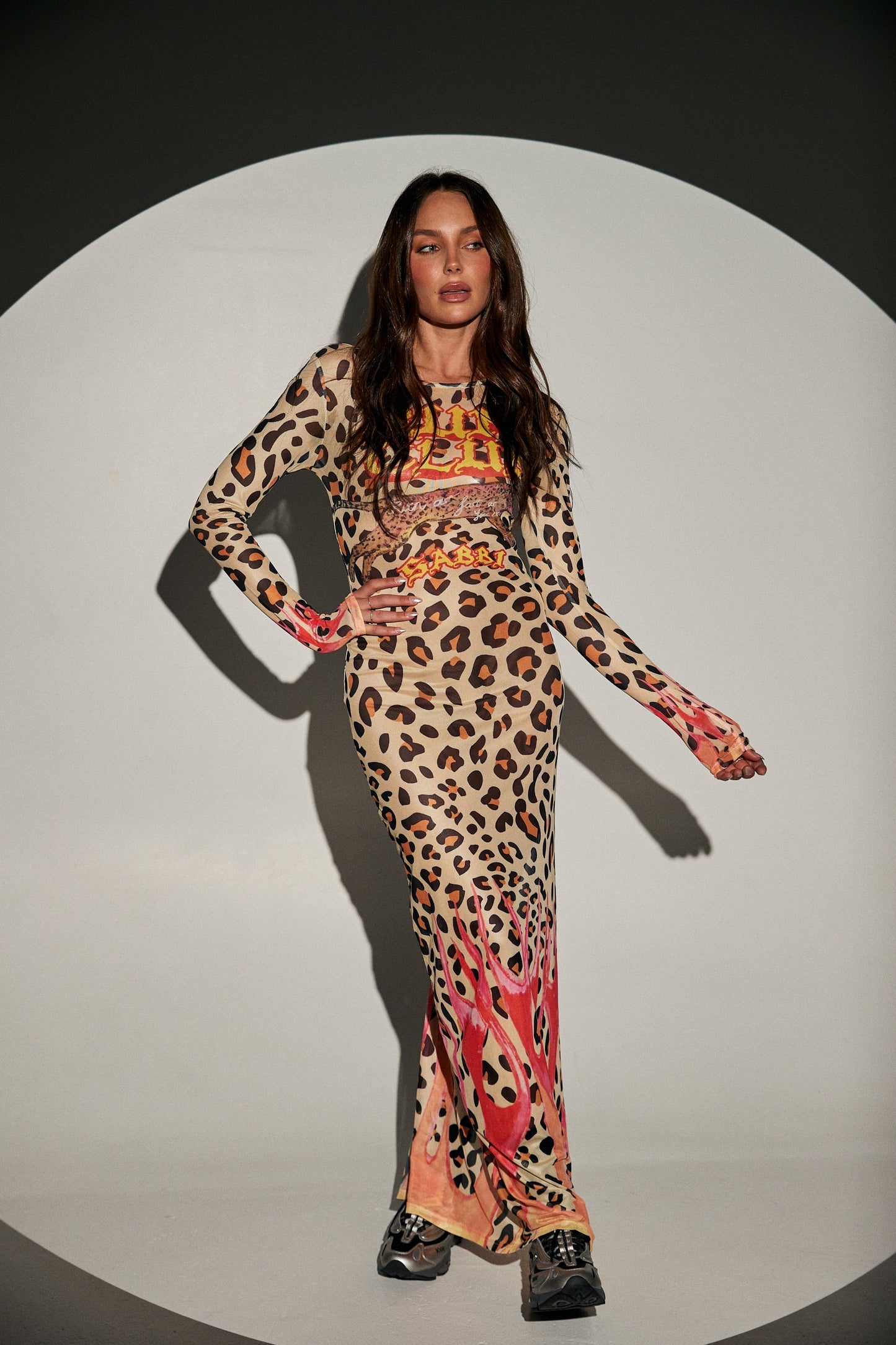 Sabbi - The Pantera Mesh Long Sleeve Maxi Dress - Leopardi Flames