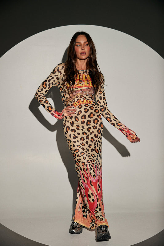 Sabbi - The Pantera Mesh Long Sleeve Maxi Dress - Leopardi Flames