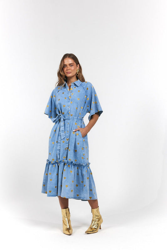 La Boheme Girls - Moxie Midi Dress - Denim Hearts