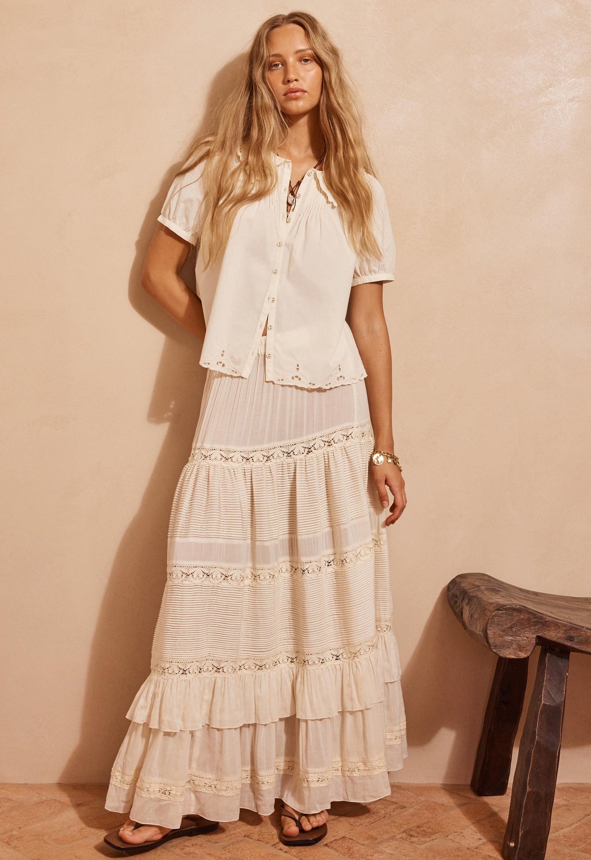 Spell - Ines Tiered Maxi Skirt - Light Sand