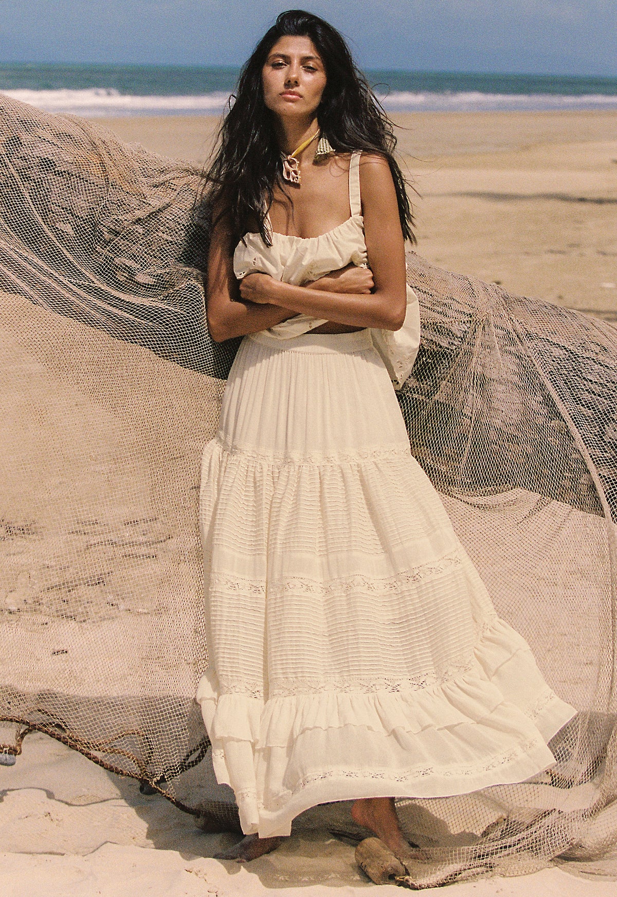 Spell - Ines Tiered Maxi Skirt - Light Sand