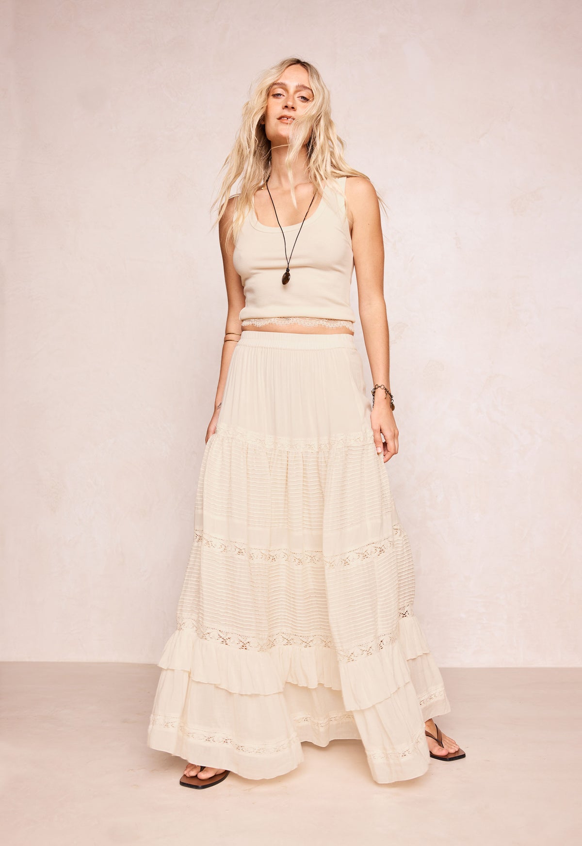 Spell - Ines Tiered Maxi Skirt - Light Sand