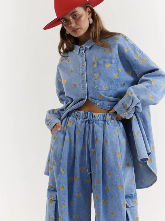 La Boheme Girls - Ezra Pants - Denim Hearts