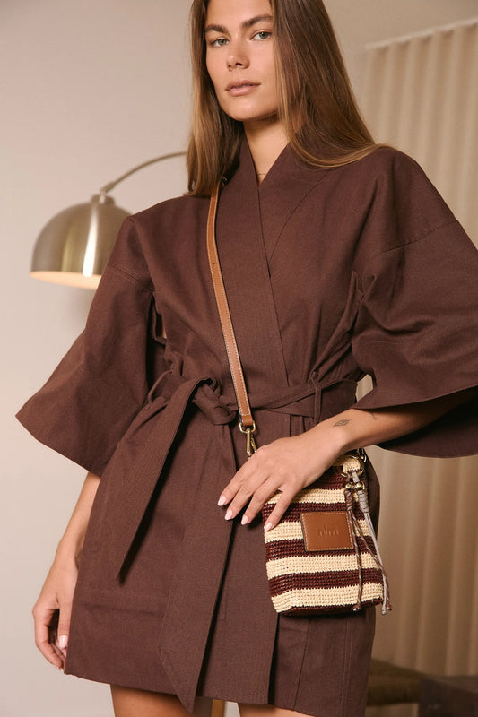 Nim The Label - Leather Trimmed Raffia Pocket - Stripe