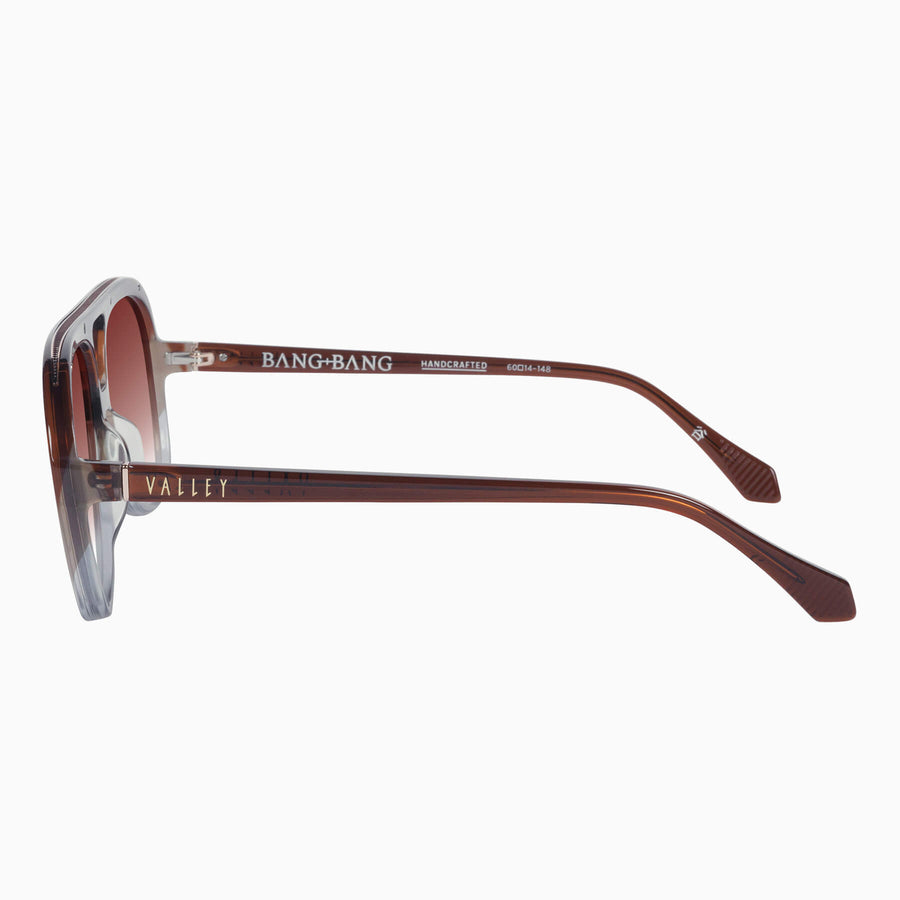 Valley Eyewear - Bang Bang - Transparent Chocolate Fade to Crystal w. Gold Metal / Dark Orange Gradient Lens