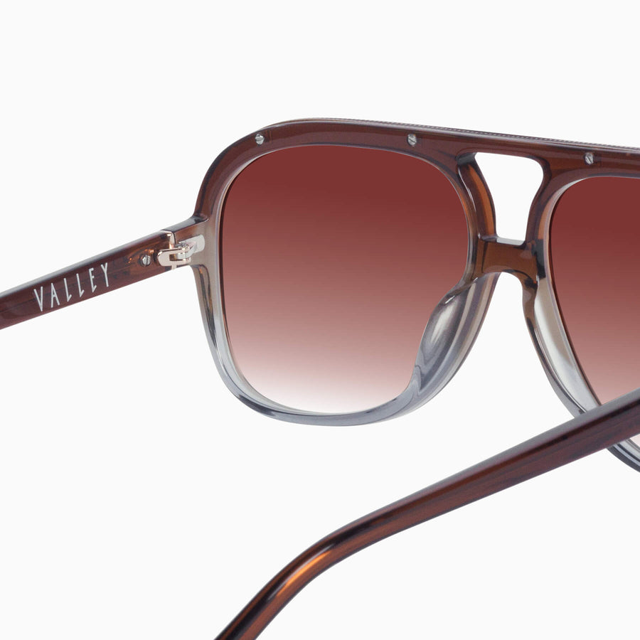 Valley Eyewear - Bang Bang - Transparent Chocolate Fade to Crystal w. Gold Metal / Dark Orange Gradient Lens