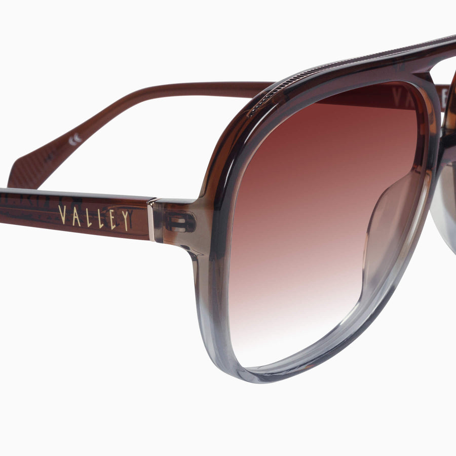 Valley Eyewear - Bang Bang - Transparent Chocolate Fade to Crystal w. Gold Metal / Dark Orange Gradient Lens