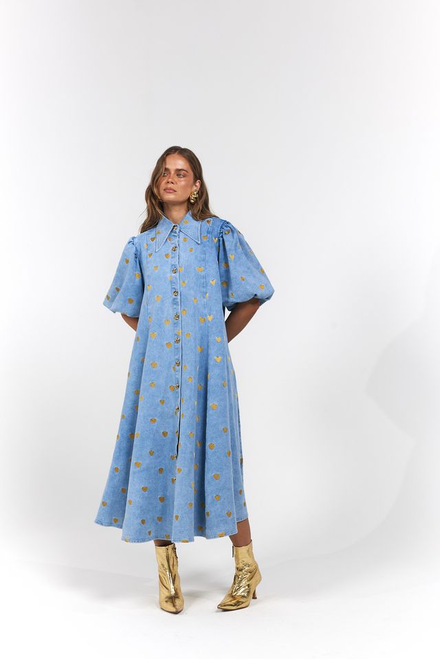 La Boheme Girls - Peyton Midi Dress - Denim Hearts