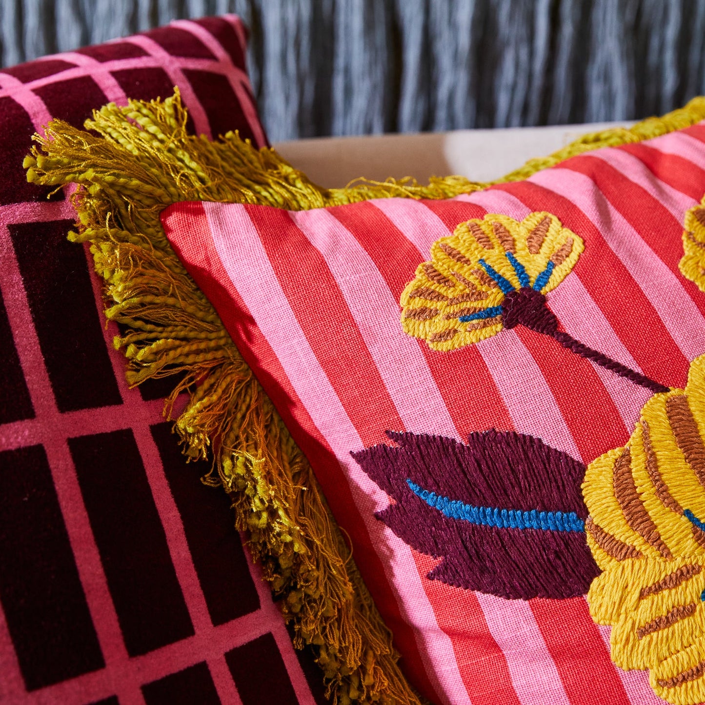 Sage X Clare - Annette Embroidered Cushion - Cosmo Pink